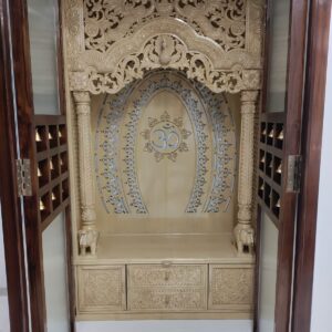 wooden temple with teak wood and fluted glass frame